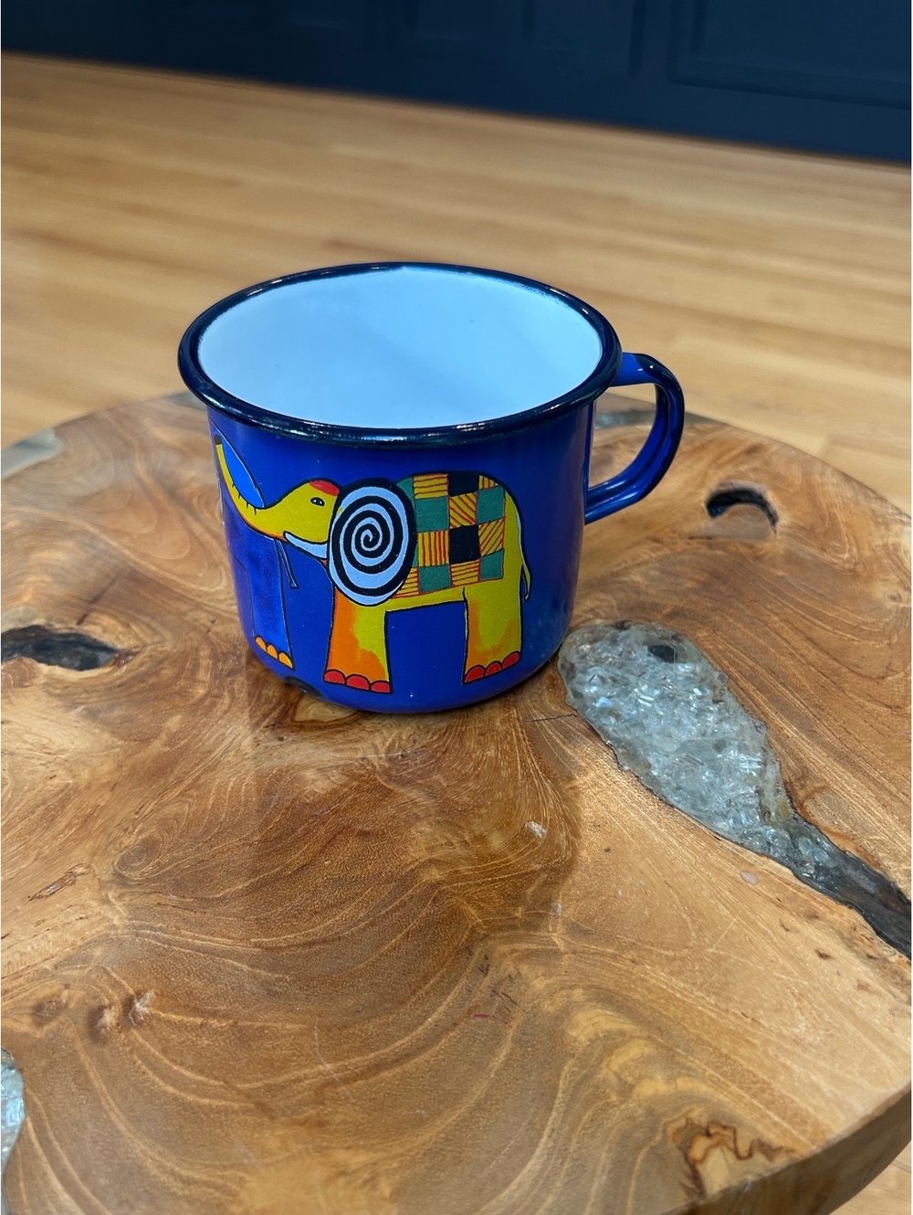 Smaltum Made in Praha Blue Enamel Mug with Colorful Elephant Design